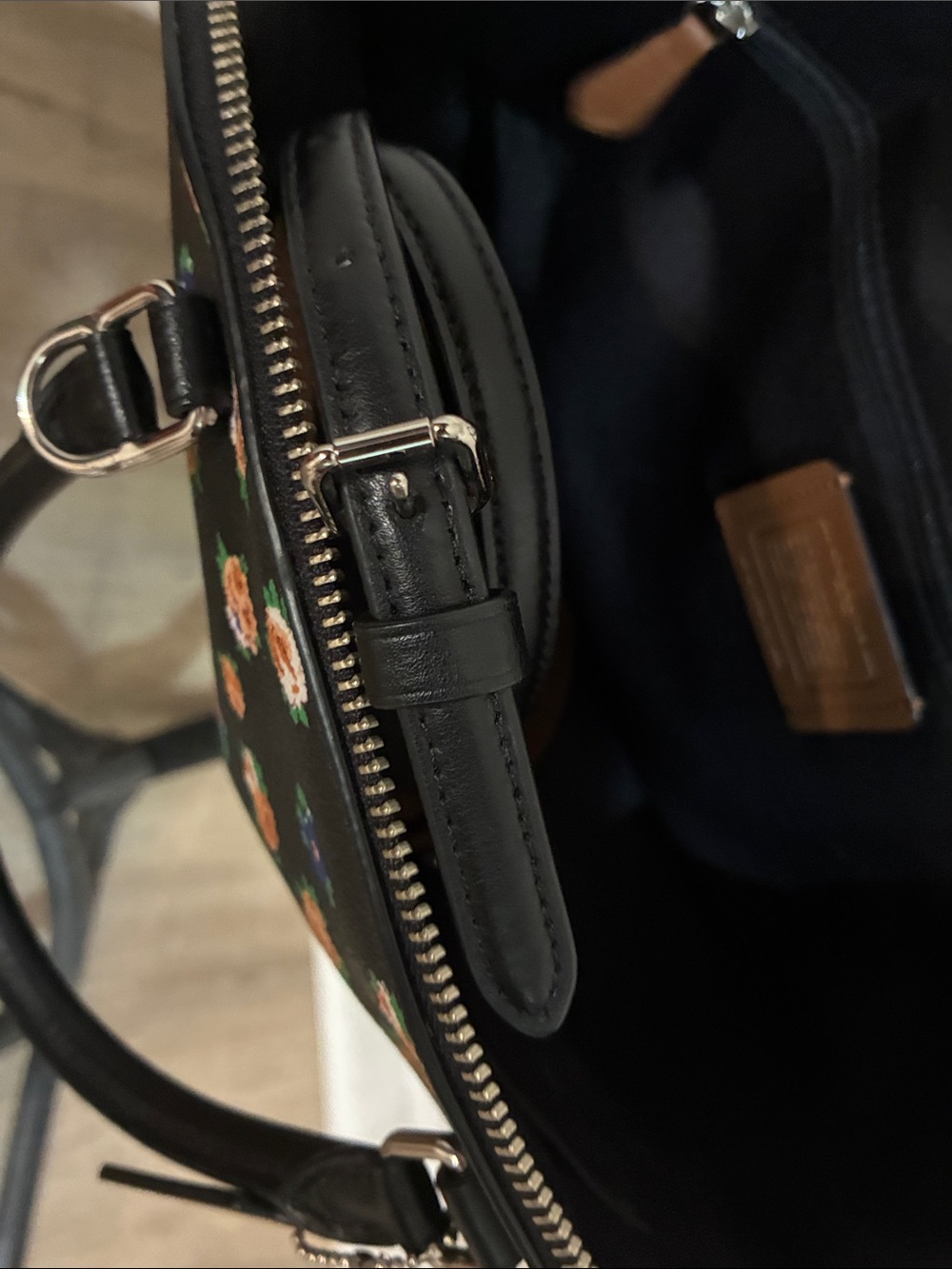 Coach Tea Rose Black Floral Dome Satchel — Orange, Blue & White Flowers - Picture 6 of 16